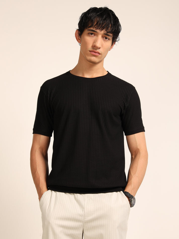 Black Textured Solid T-Shirt Plain T-Shirts Bushirt