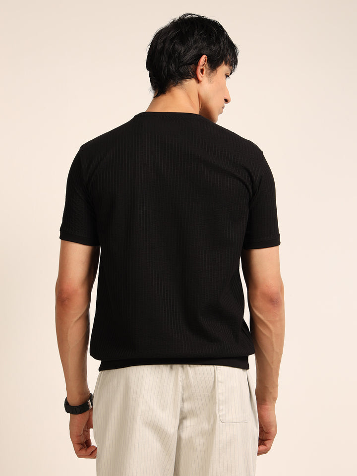 Black Textured Solid T-Shirt Plain T-Shirts Bushirt
