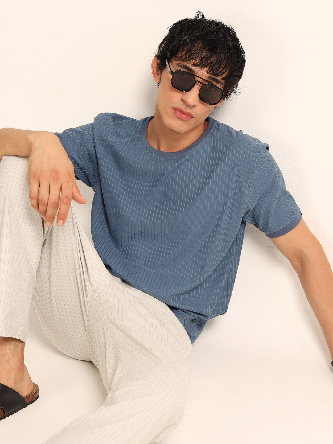 Dusky Blue Textured Solid T-Shirt Plain T-Shirts Bushirt