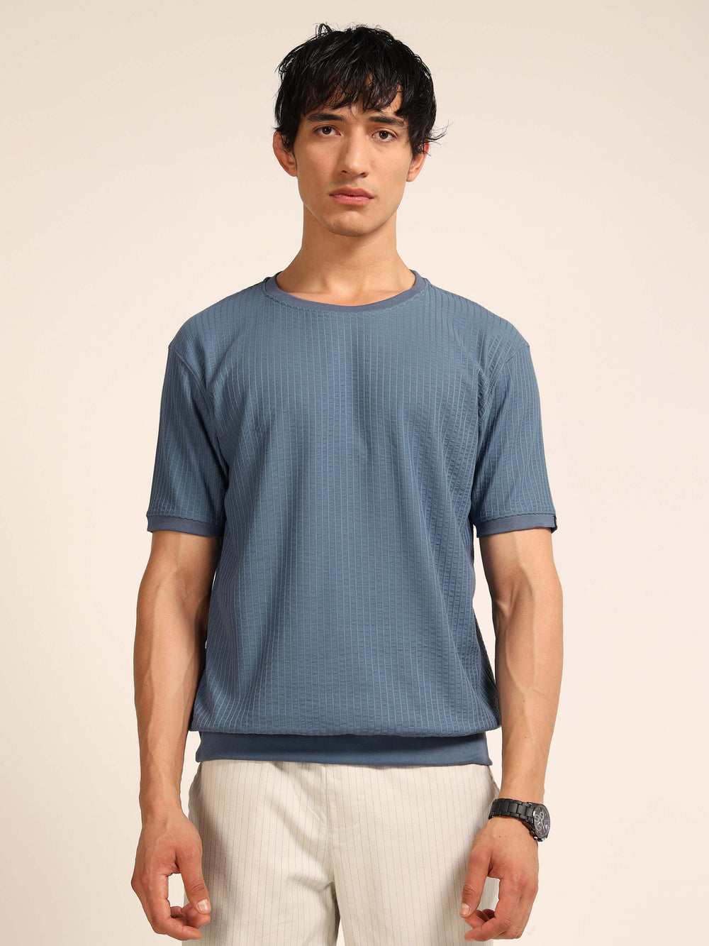 Dusky Blue Textured Solid T-Shirt Plain T-Shirts Bushirt