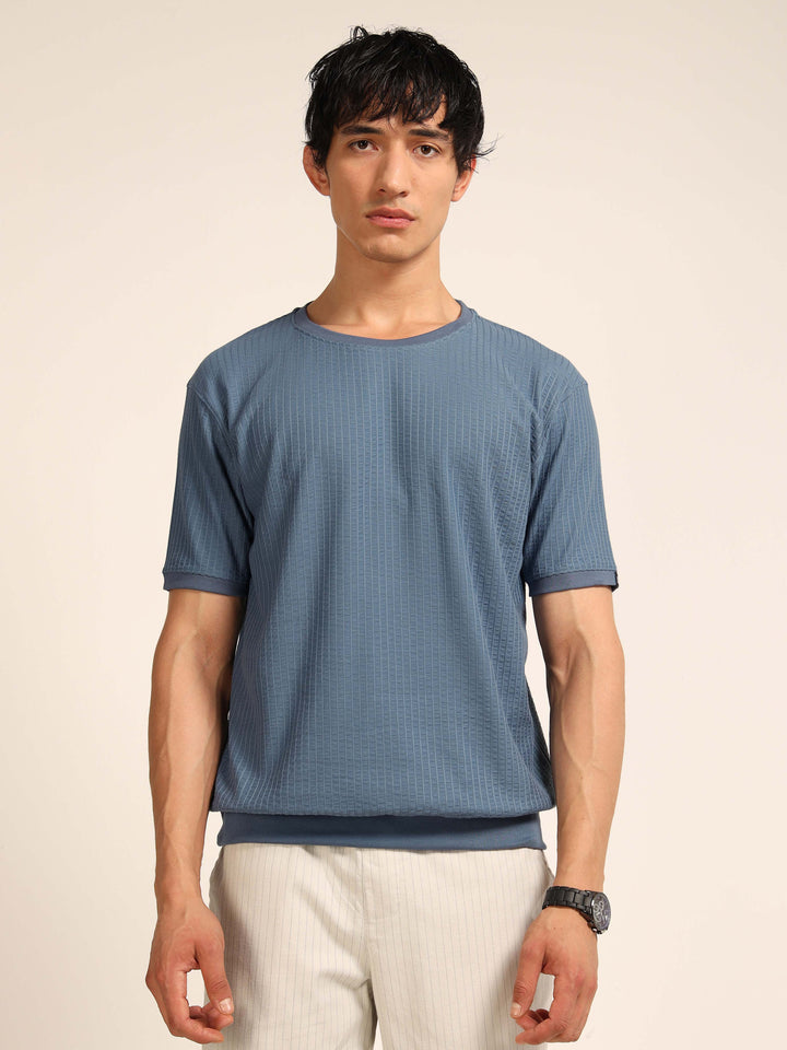 Dusky Blue Textured Solid T-Shirt Plain T-Shirts Bushirt