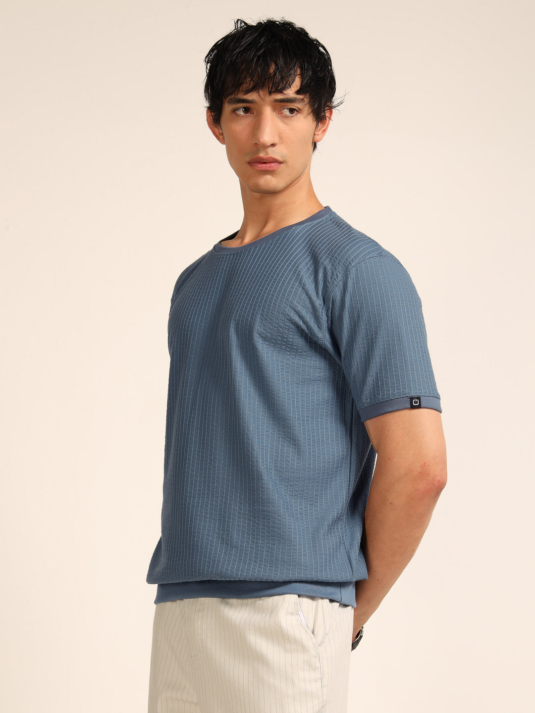 Dusky Blue Textured Solid T-Shirt Plain T-Shirts Bushirt