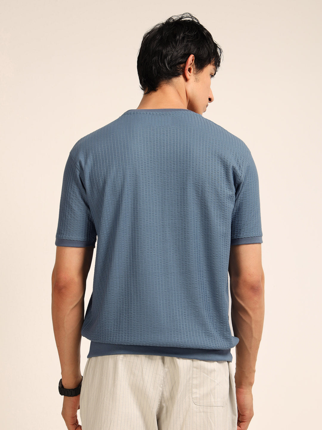 Dusky Blue Textured Solid T-Shirt Plain T-Shirts Bushirt