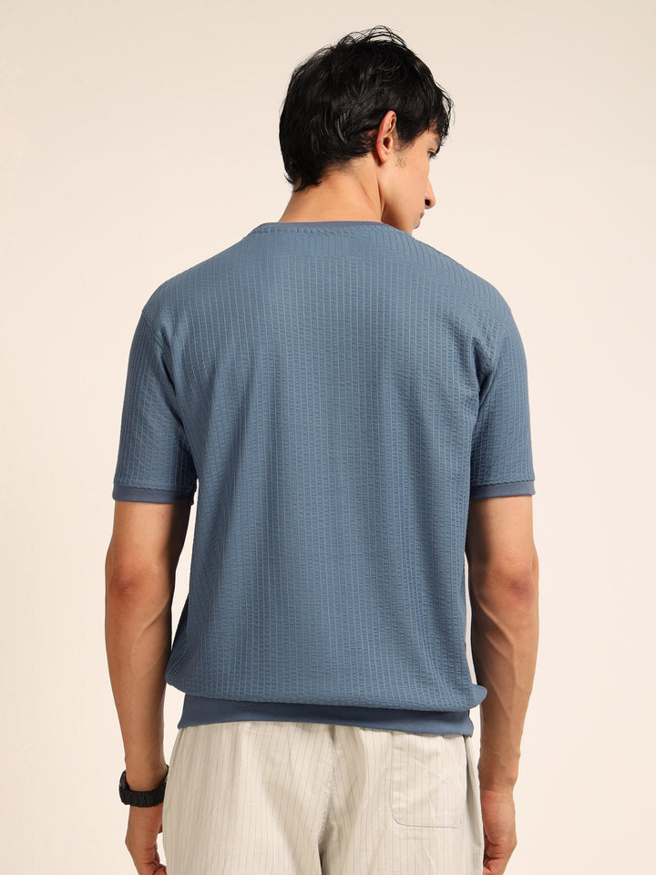 Dusky Blue Textured Solid T-Shirt Plain T-Shirts Bushirt