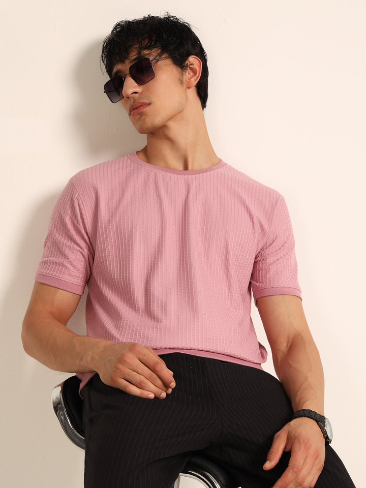 Dusty Pink Textured Solid T-Shirt Plain T-Shirts Bushirt
