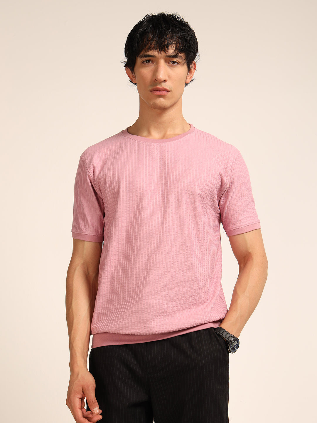 Dusty Pink Textured Solid T-Shirt Plain T-Shirts Bushirt