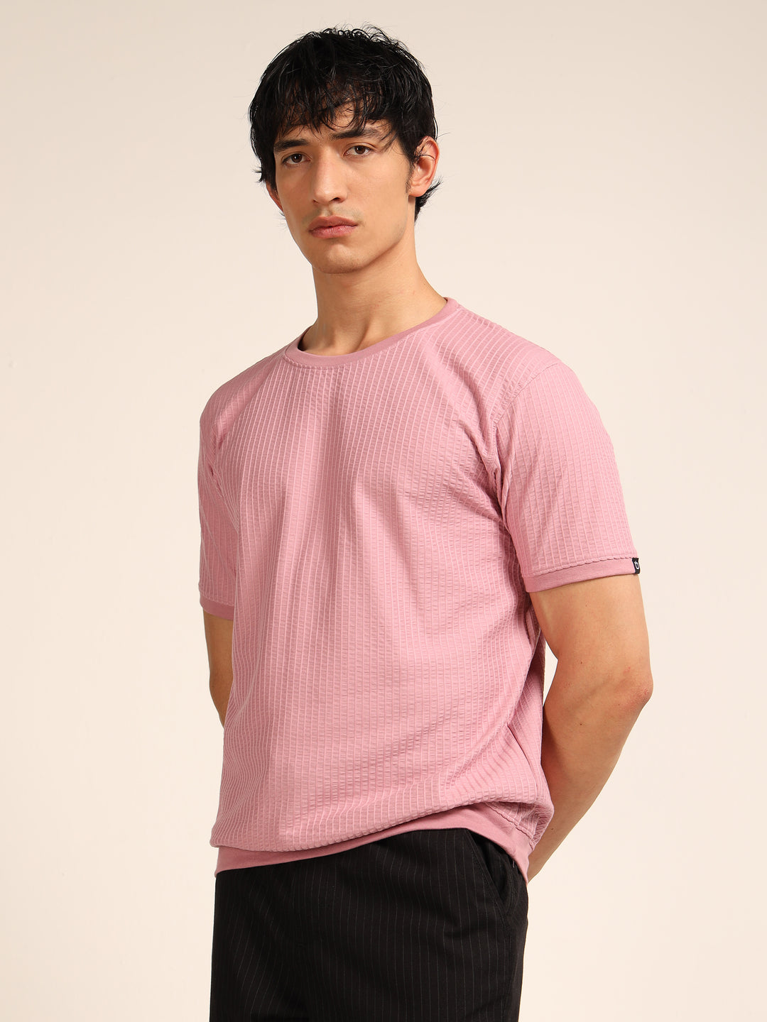 Dusty Pink Textured Solid T-Shirt Plain T-Shirts Bushirt