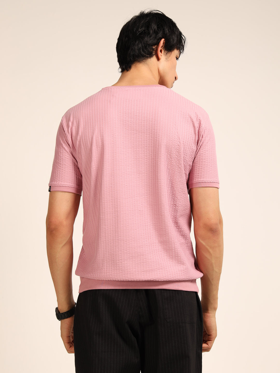 Dusty Pink Textured Solid T-Shirt Plain T-Shirts Bushirt