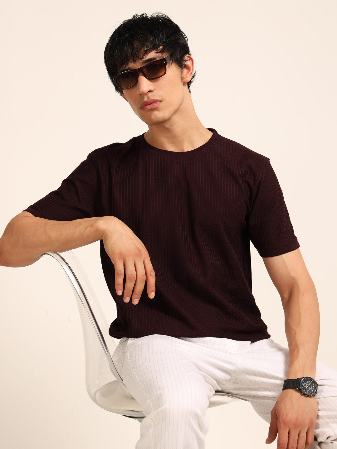 Wine Textured Solid T-Shirt Plain T-Shirts Bushirt
