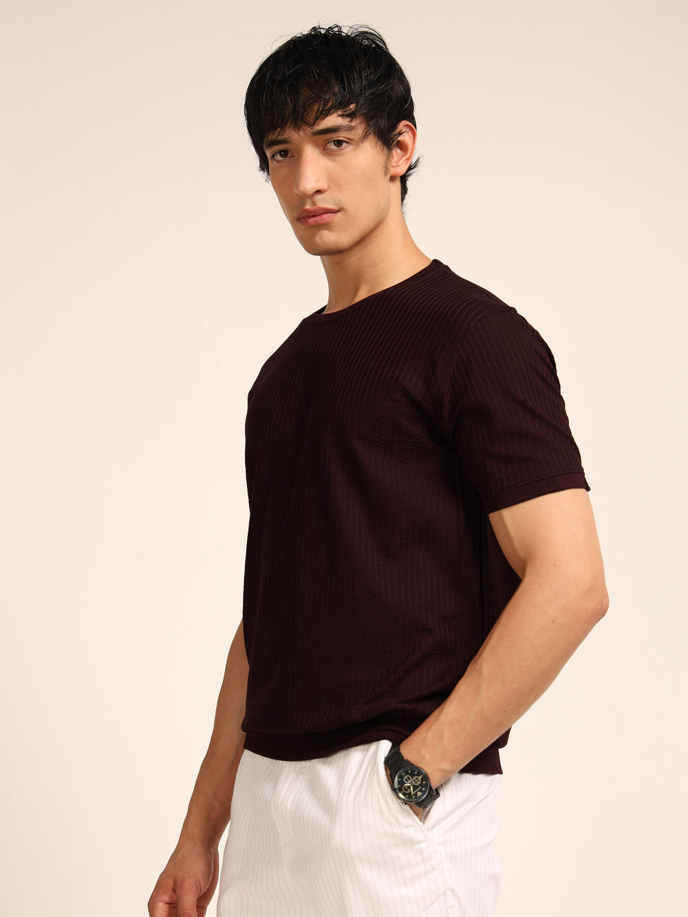 Wine Textured Solid T-Shirt Plain T-Shirts Bushirt