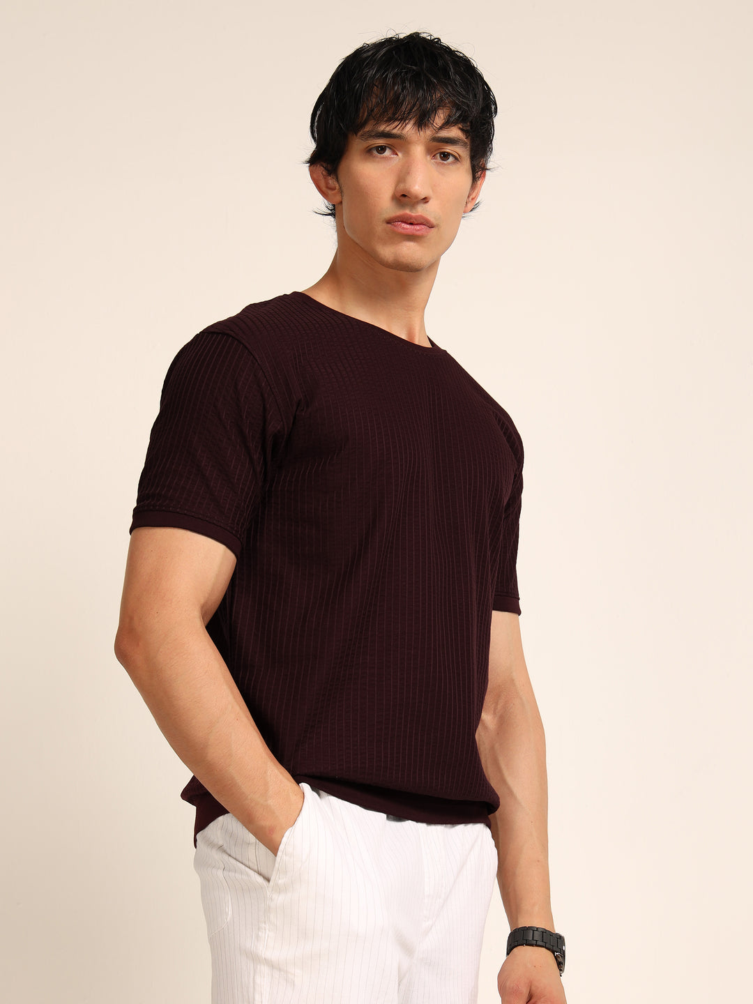 Wine Textured Solid T-Shirt Plain T-Shirts Bushirt