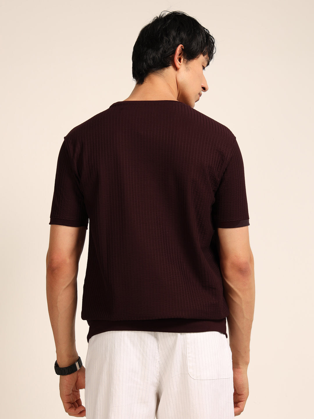 Wine Textured Solid T-Shirt Plain T-Shirts Bushirt