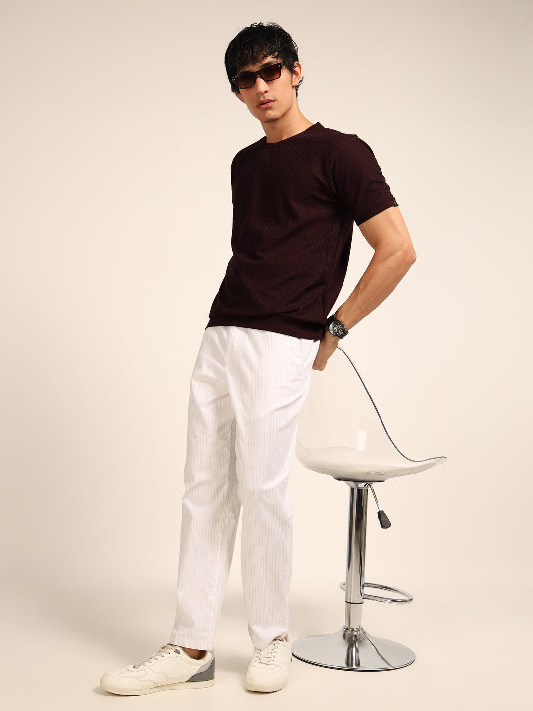 Wine Textured Solid T-Shirt Plain T-Shirts Bushirt