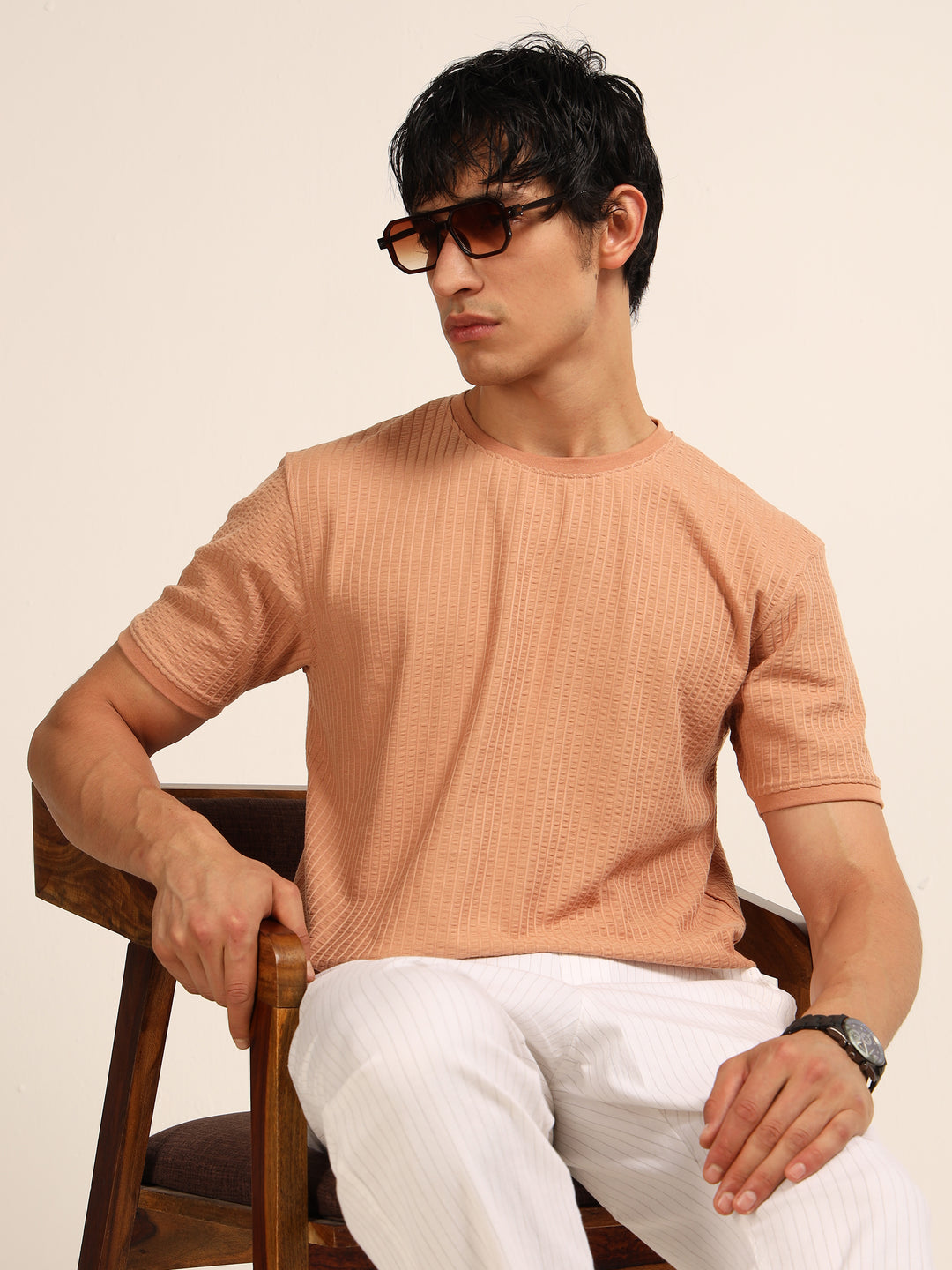 Beige Textured Solid T-Shirt Plain T-Shirts Bushirt