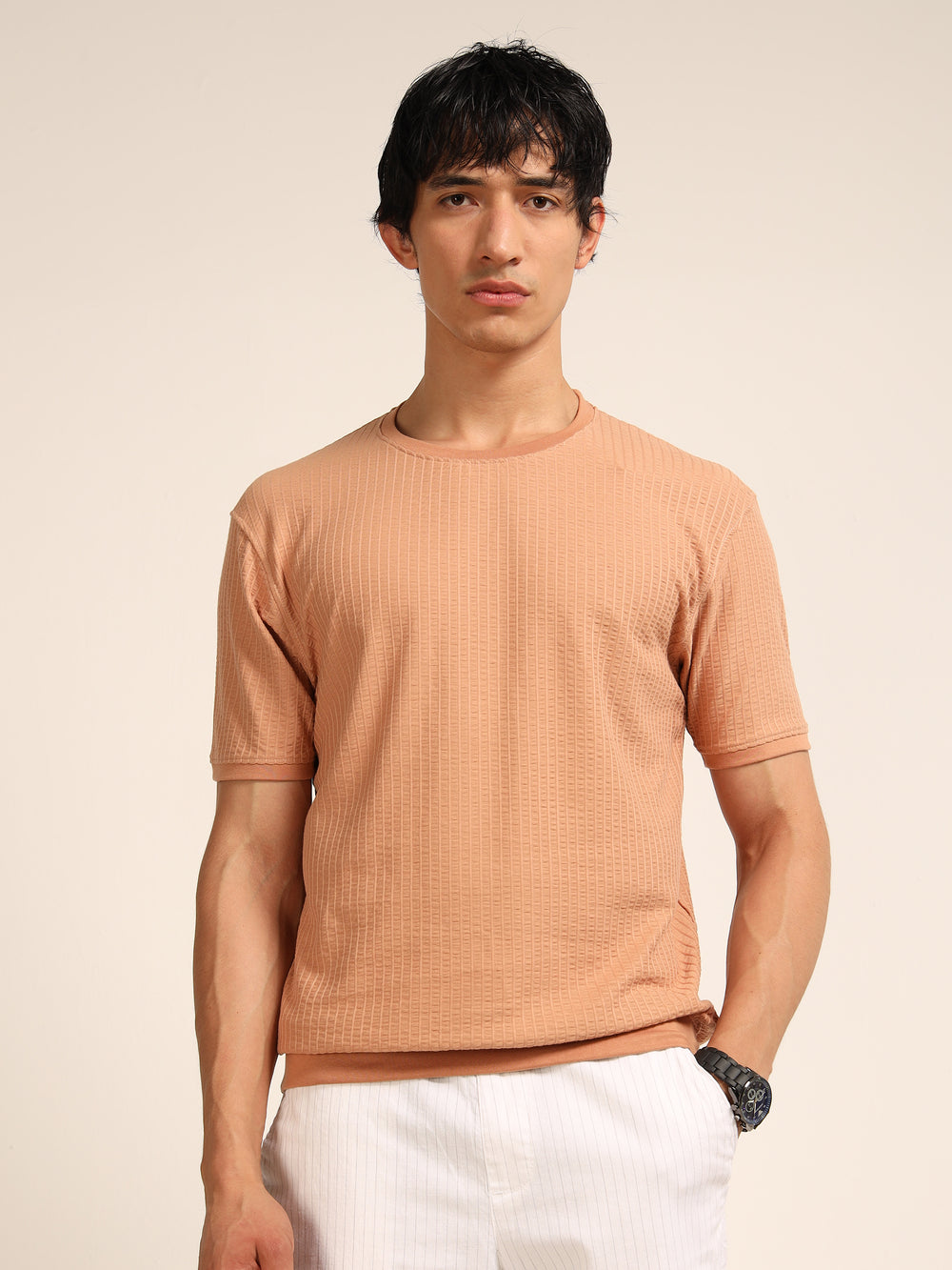 Beige Textured Solid T-Shirt Plain T-Shirts Bushirt