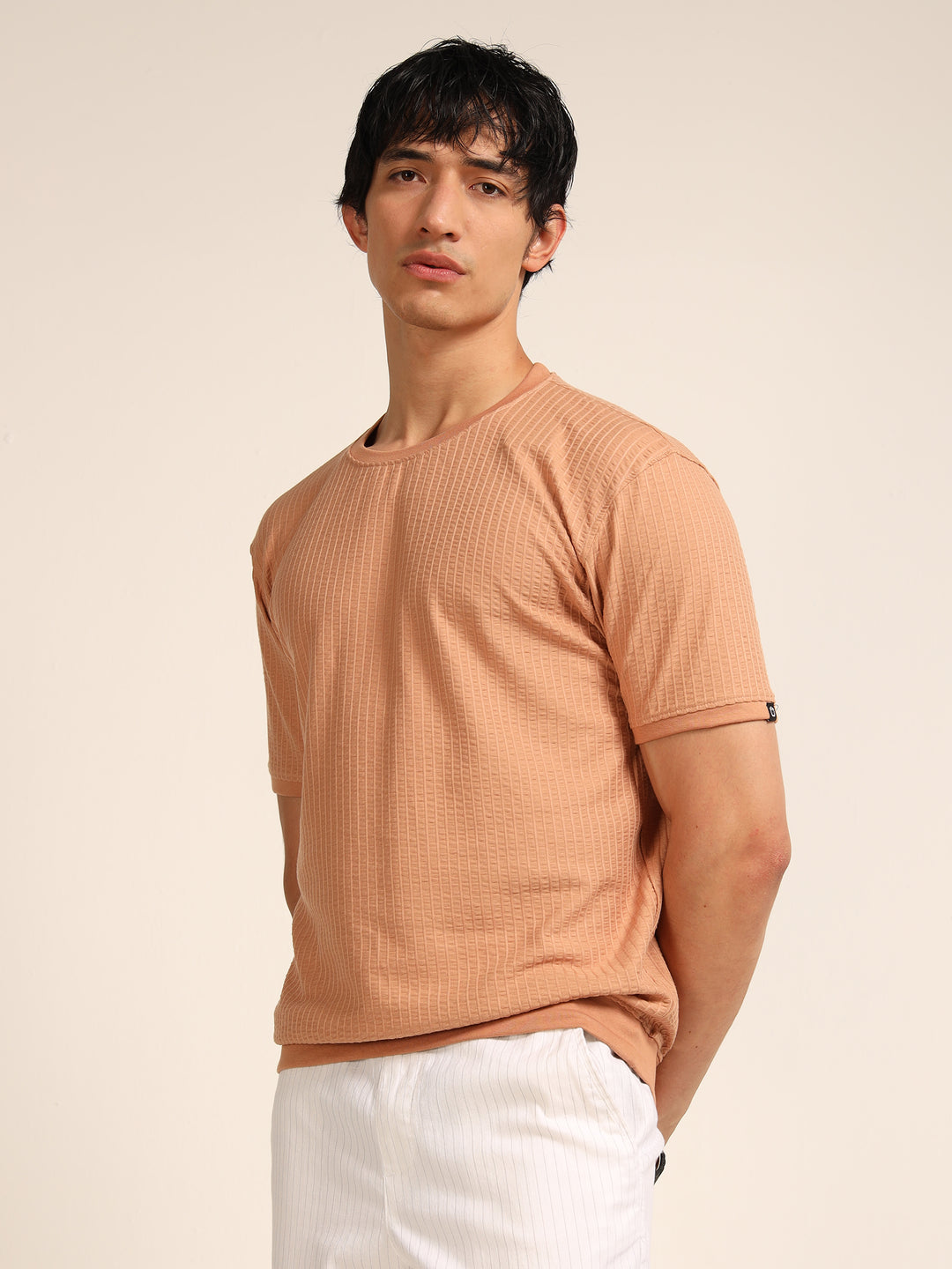 Beige Textured Solid T-Shirt Plain T-Shirts Bushirt
