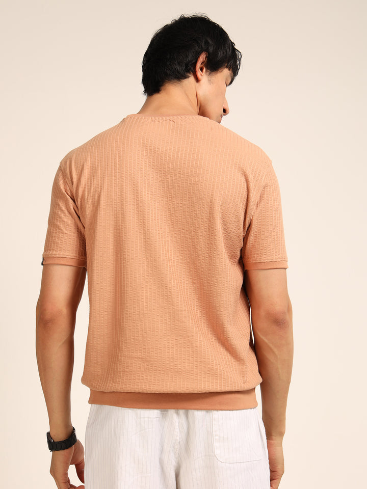 Beige Textured Solid T-Shirt Plain T-Shirts Bushirt