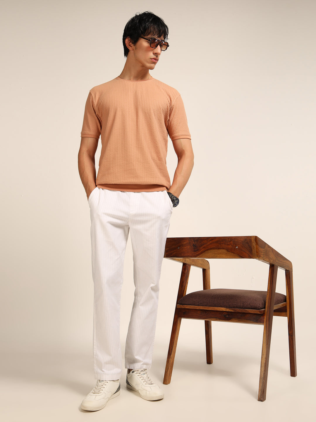 Beige Textured Solid T-Shirt Plain T-Shirts Bushirt
