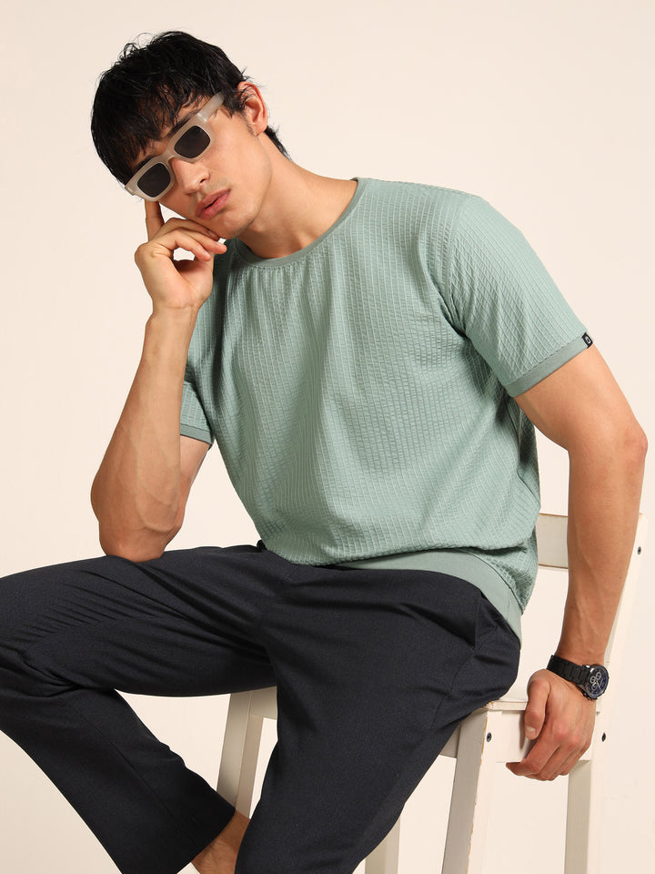 Russian Green Textured Solid T-Shirt Plain T-Shirts Bushirt