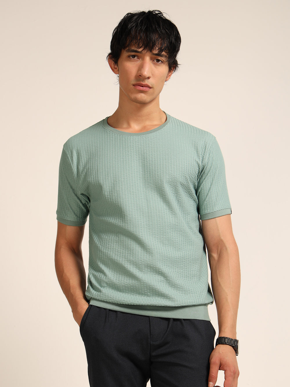 Russian Green Textured Solid T-Shirt Plain T-Shirts Bushirt