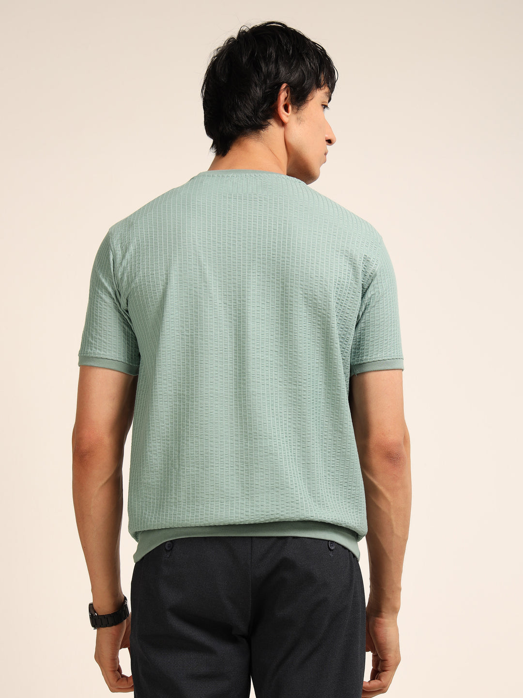 Russian Green Textured Solid T-Shirt Plain T-Shirts Bushirt