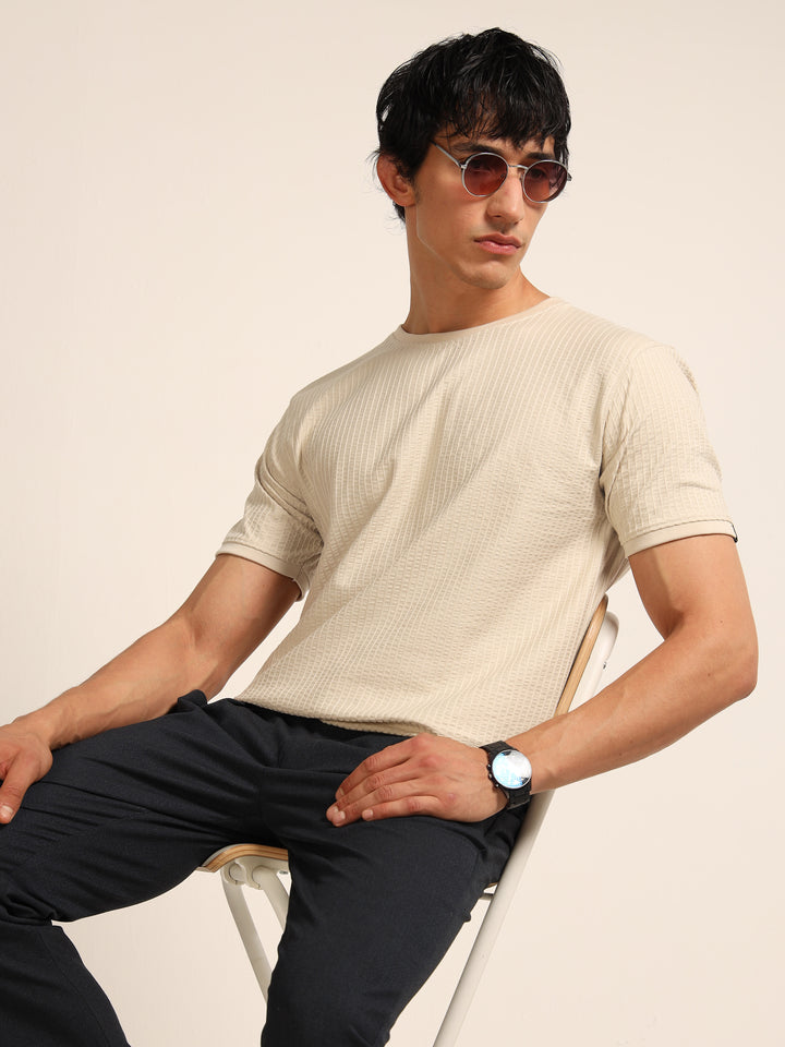 Cream Textured Solid T-Shirt Plain T-Shirts Bushirt