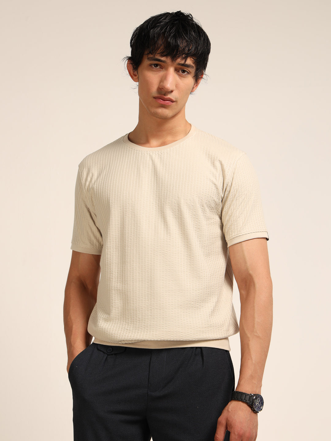 Cream Textured Solid T-Shirt Plain T-Shirts Bushirt