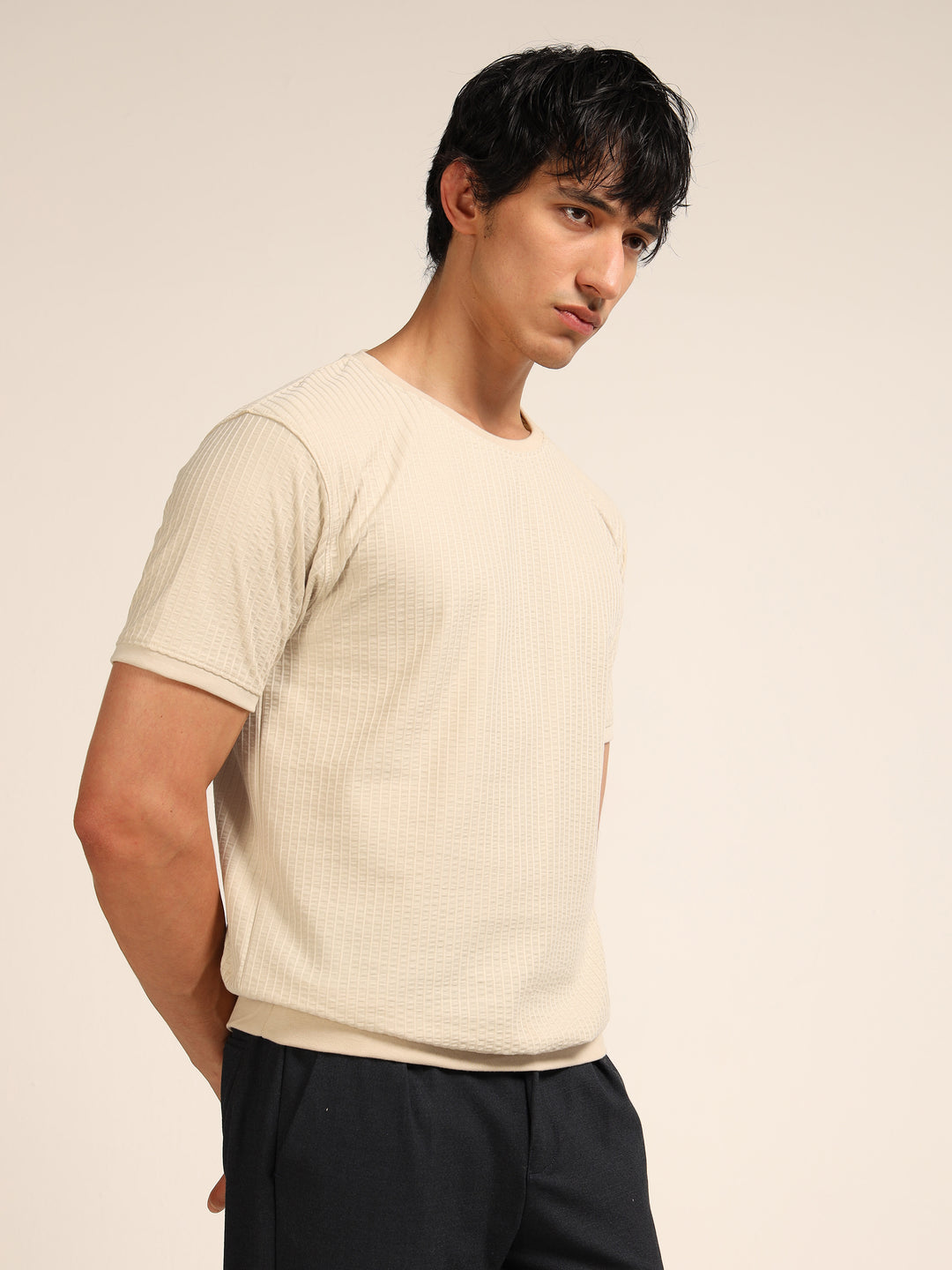 Cream Textured Solid T-Shirt Plain T-Shirts Bushirt
