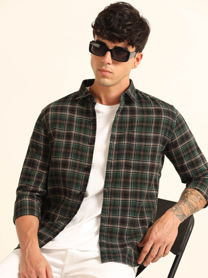 Green Regular Fit Check Shirt Checks Shirt Bushirt