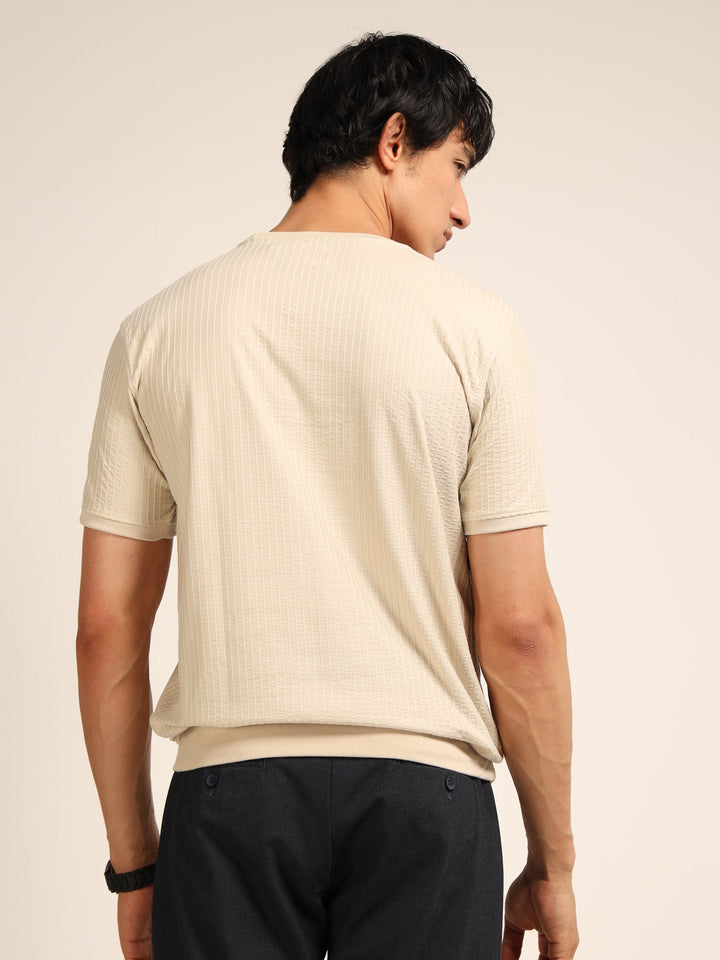 Cream Textured Solid T-Shirt Plain T-Shirts Bushirt