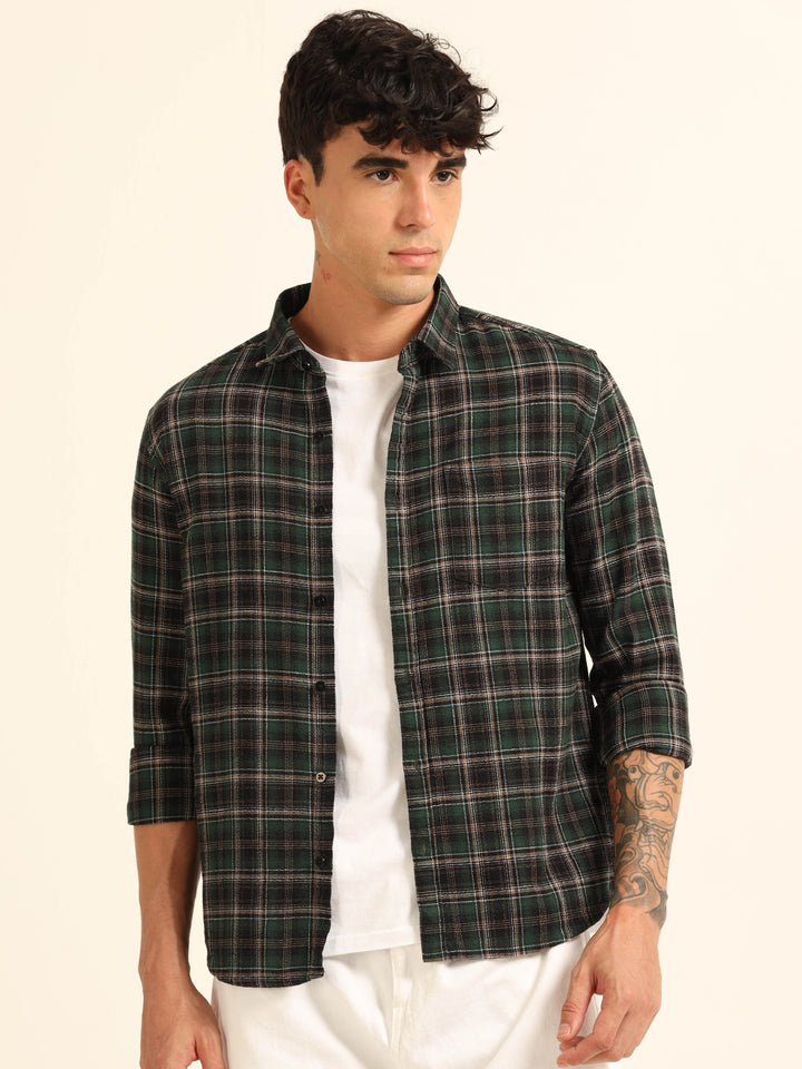 Green Regular Fit Check Shirt Checks Shirt Bushirt