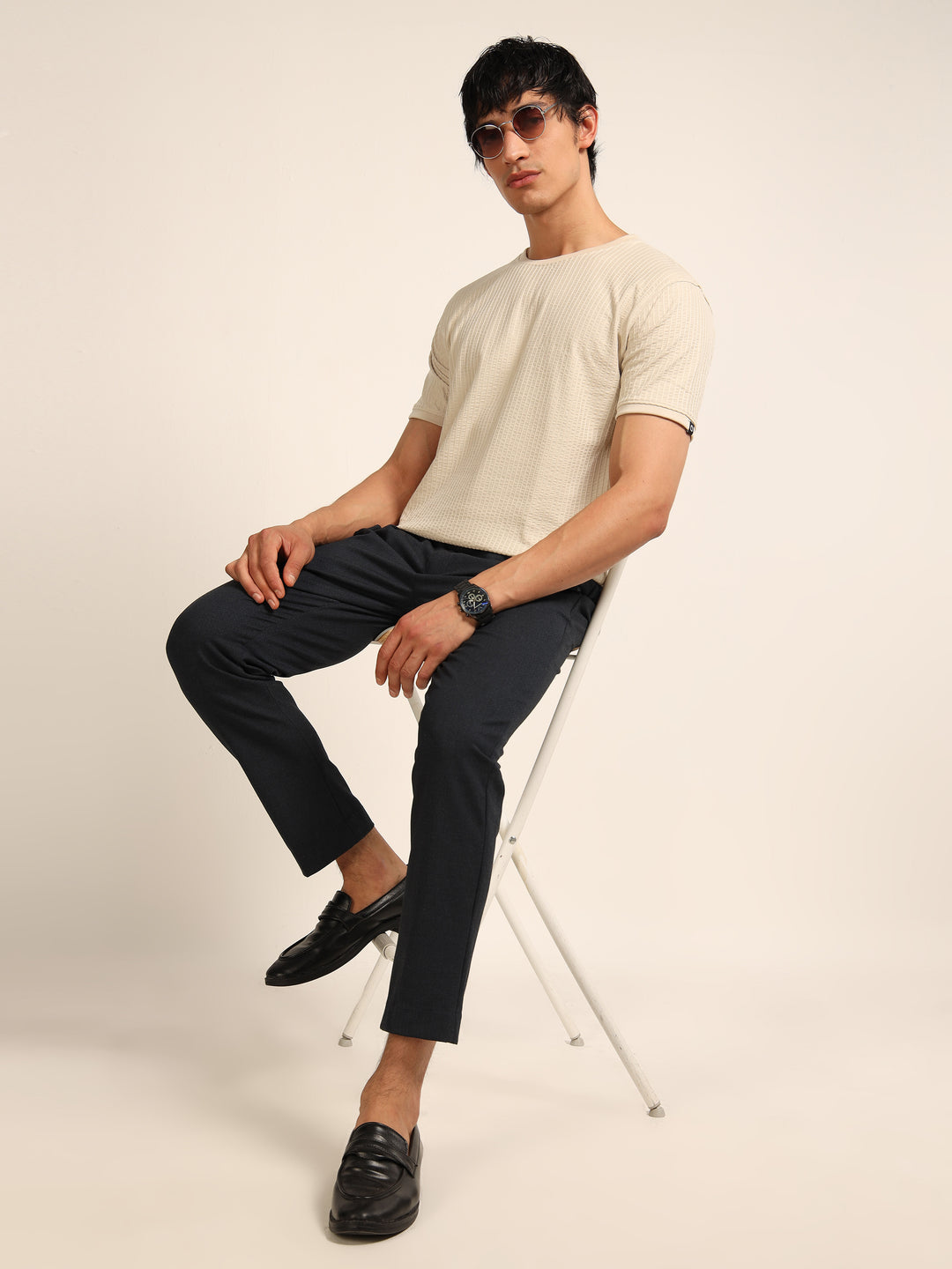 Cream Textured Solid T-Shirt Plain T-Shirts Bushirt