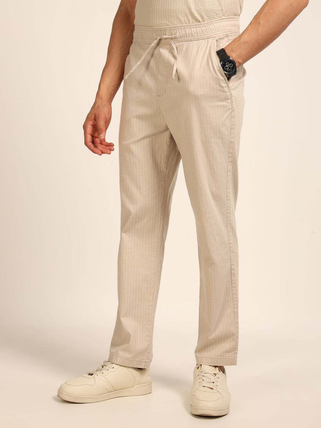 Beige Relaxed Fit Linen Trouser