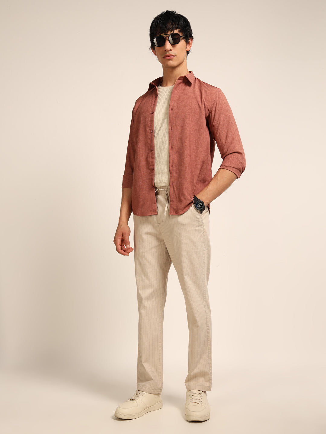 Beige Relaxed Fit Linen Trouser