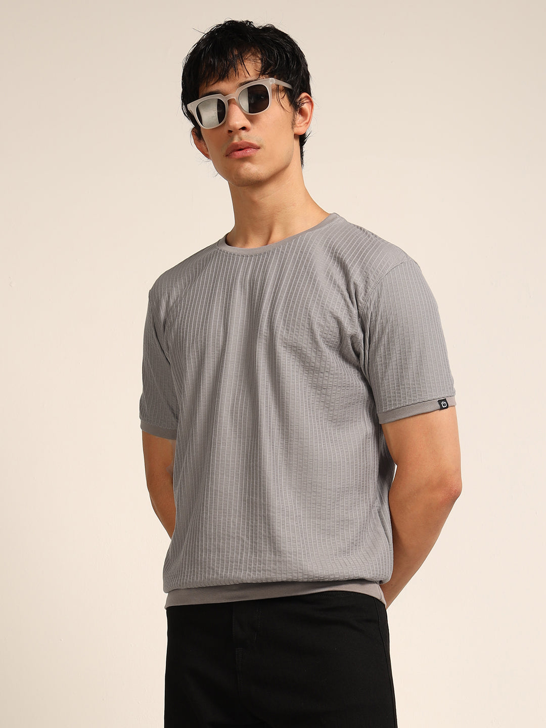 Grey Textured Solid T-Shirt Plain T-Shirts Bushirt