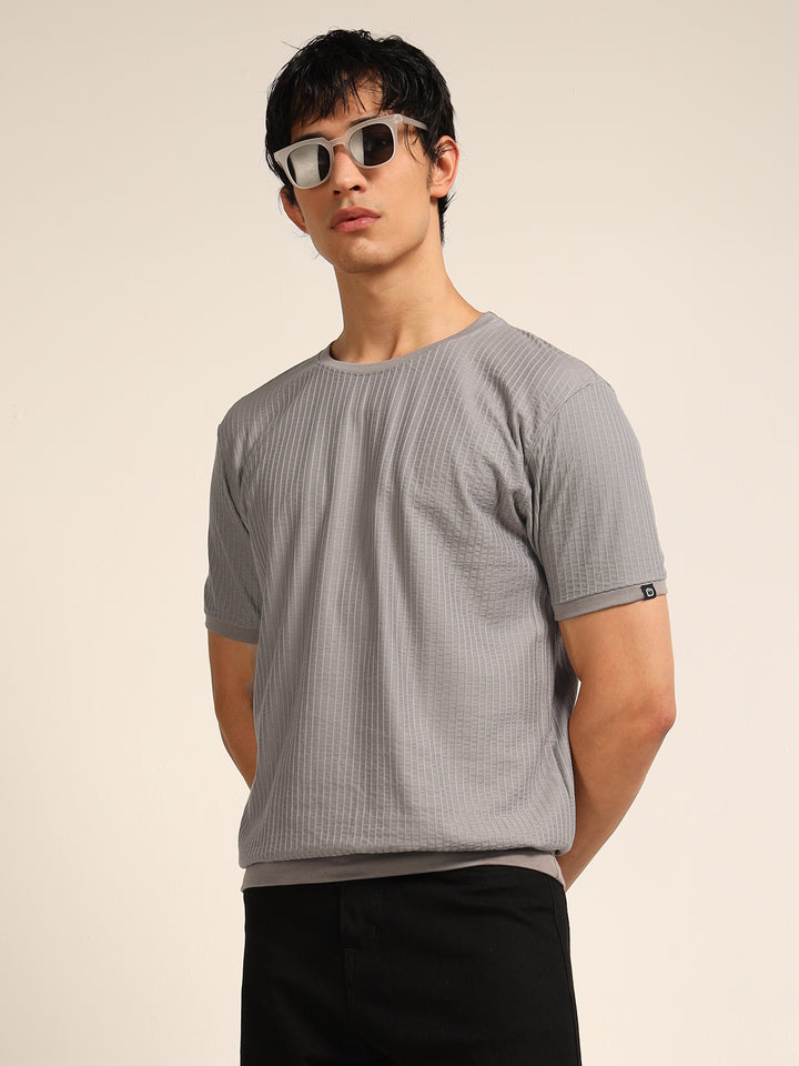 Grey Textured Solid T-Shirt Plain T-Shirts Bushirt