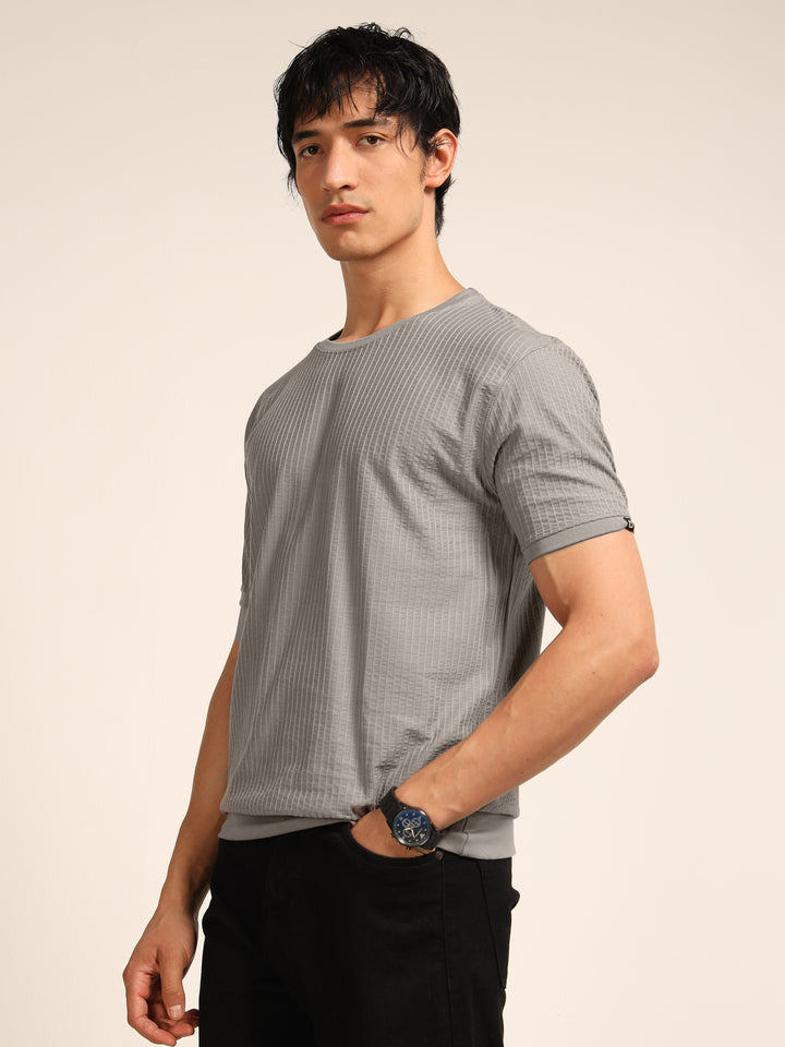 Grey Textured Solid T-Shirt Plain T-Shirts Bushirt