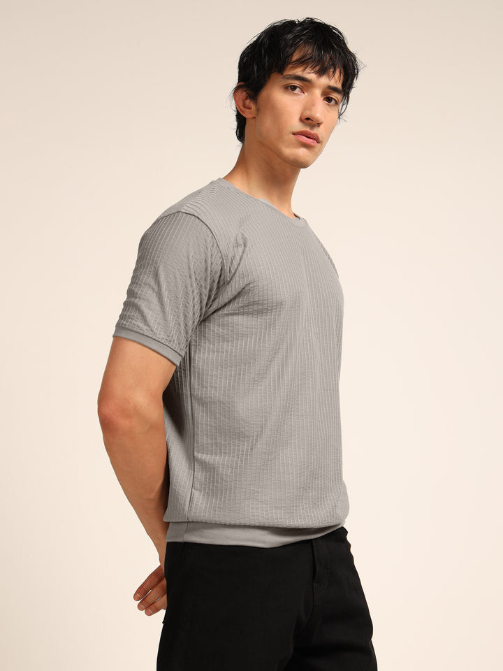 Grey Textured Solid T-Shirt Plain T-Shirts Bushirt