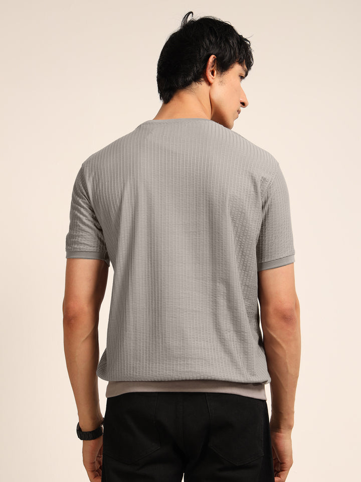 Grey Textured Solid T-Shirt Plain T-Shirts Bushirt