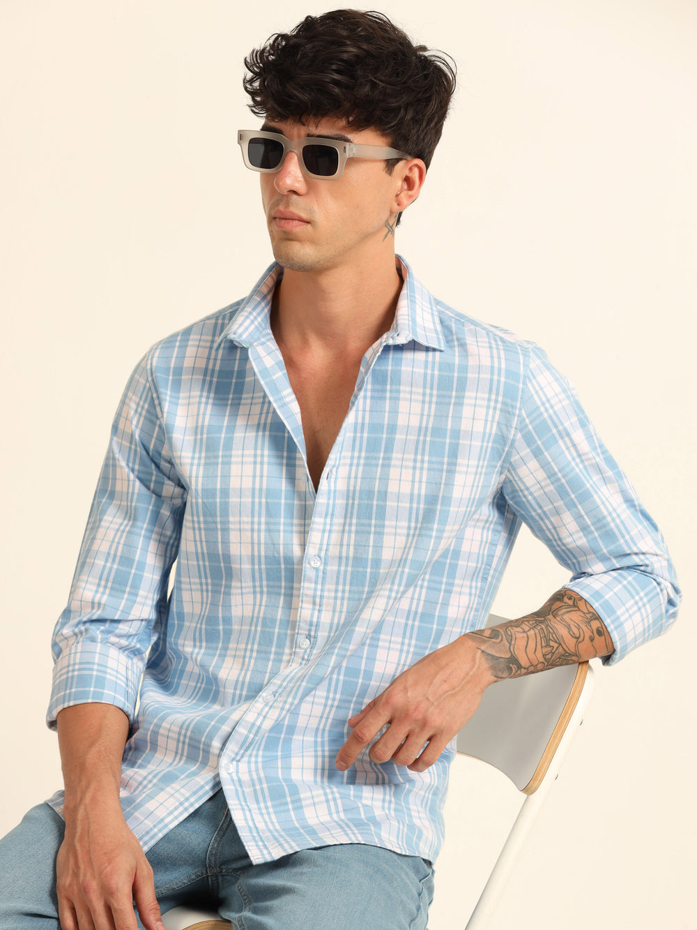 Pastel Blue Regular Fit Check Shirt Checks Shirt Bushirt