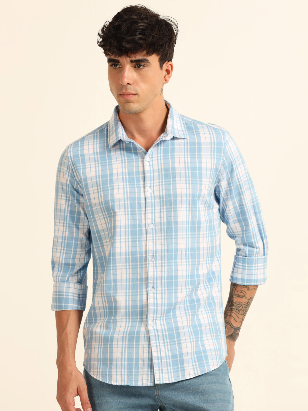 Pastel Blue Regular Fit Check Shirt Checks Shirt Bushirt