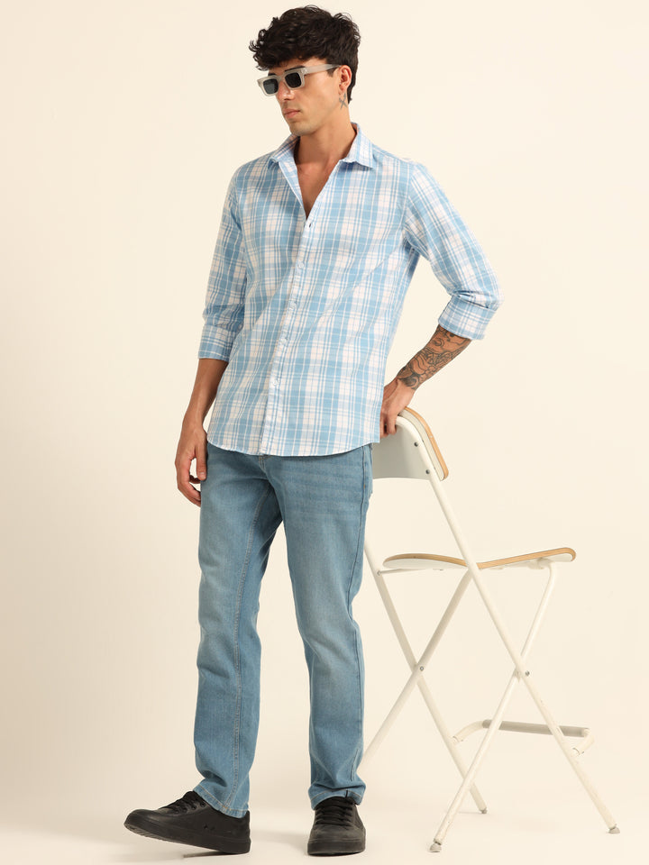 Pastel Blue Regular Fit Check Shirt Checks Shirt Bushirt
