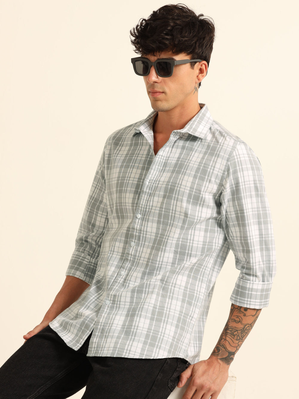 Pastel Grey Regular Fit Check Shirt Checks Shirt Bushirt