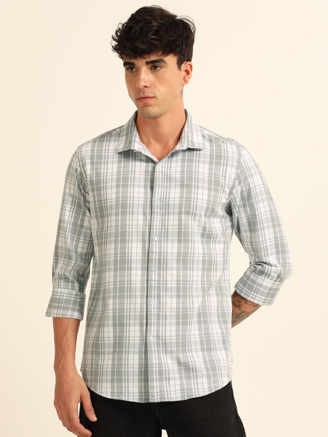 Pastel Grey Regular Fit Check Shirt Checks Shirt Bushirt