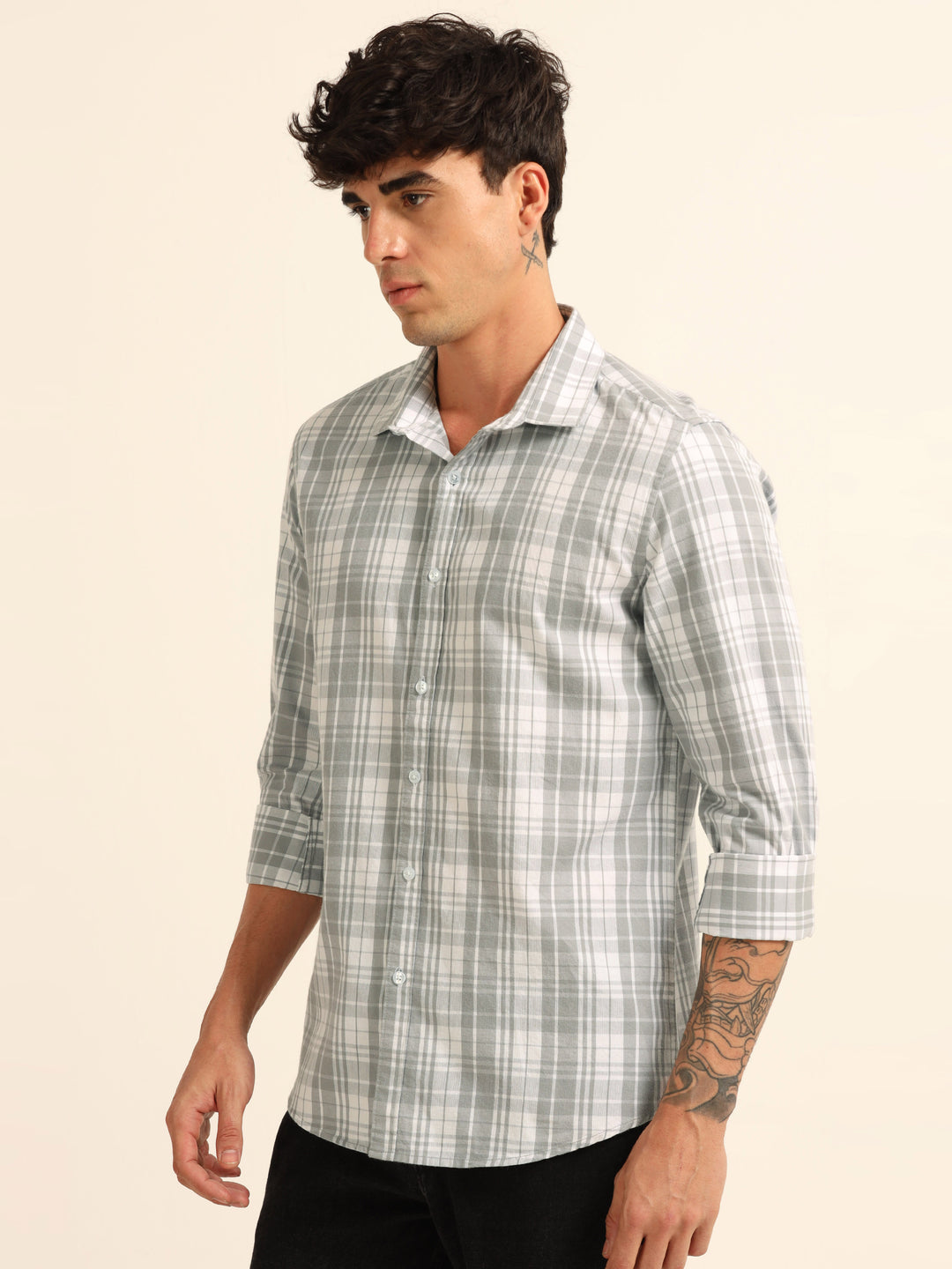 Pastel Grey Regular Fit Check Shirt Checks Shirt Bushirt