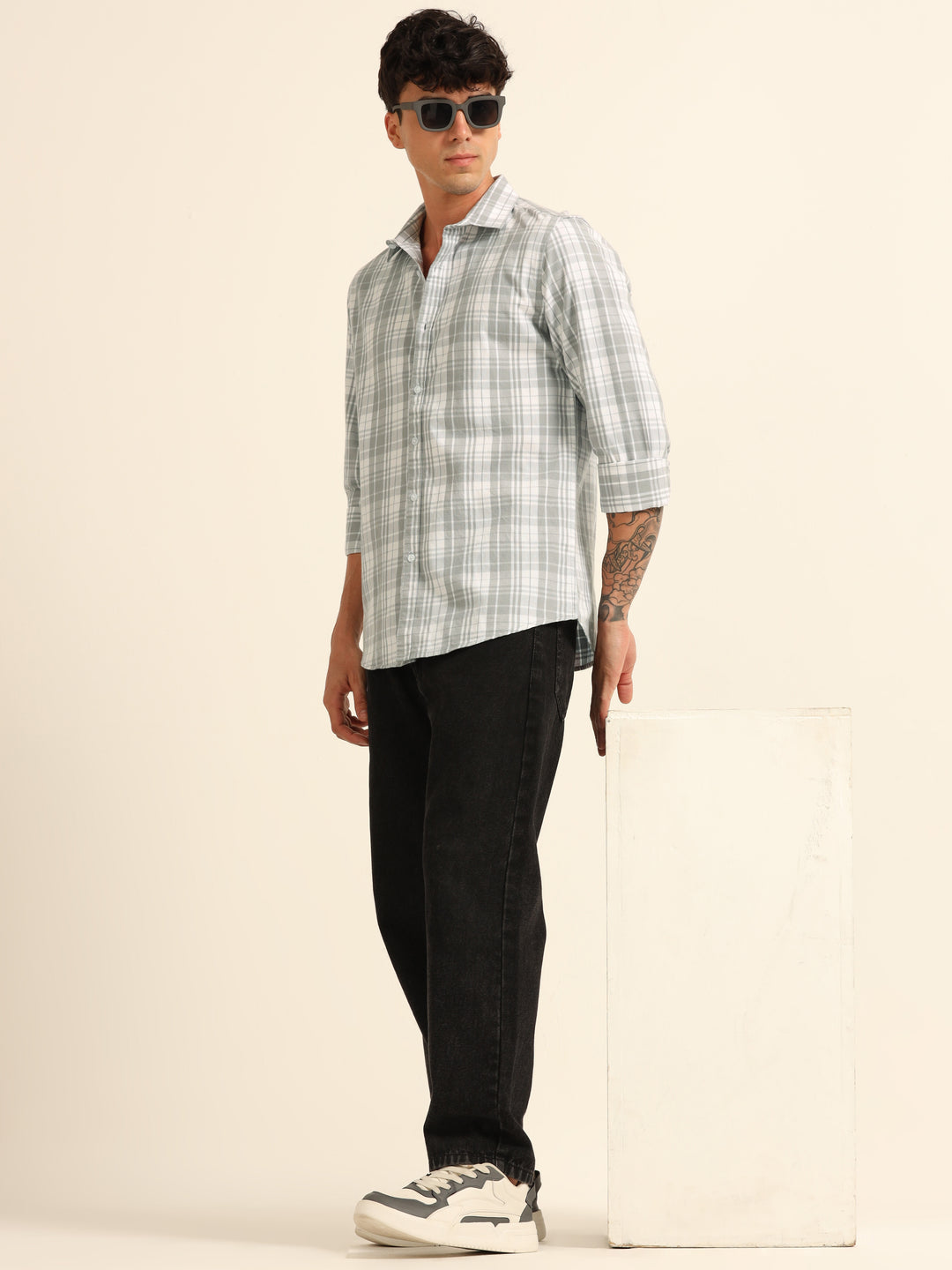 Pastel Grey Regular Fit Check Shirt Checks Shirt Bushirt