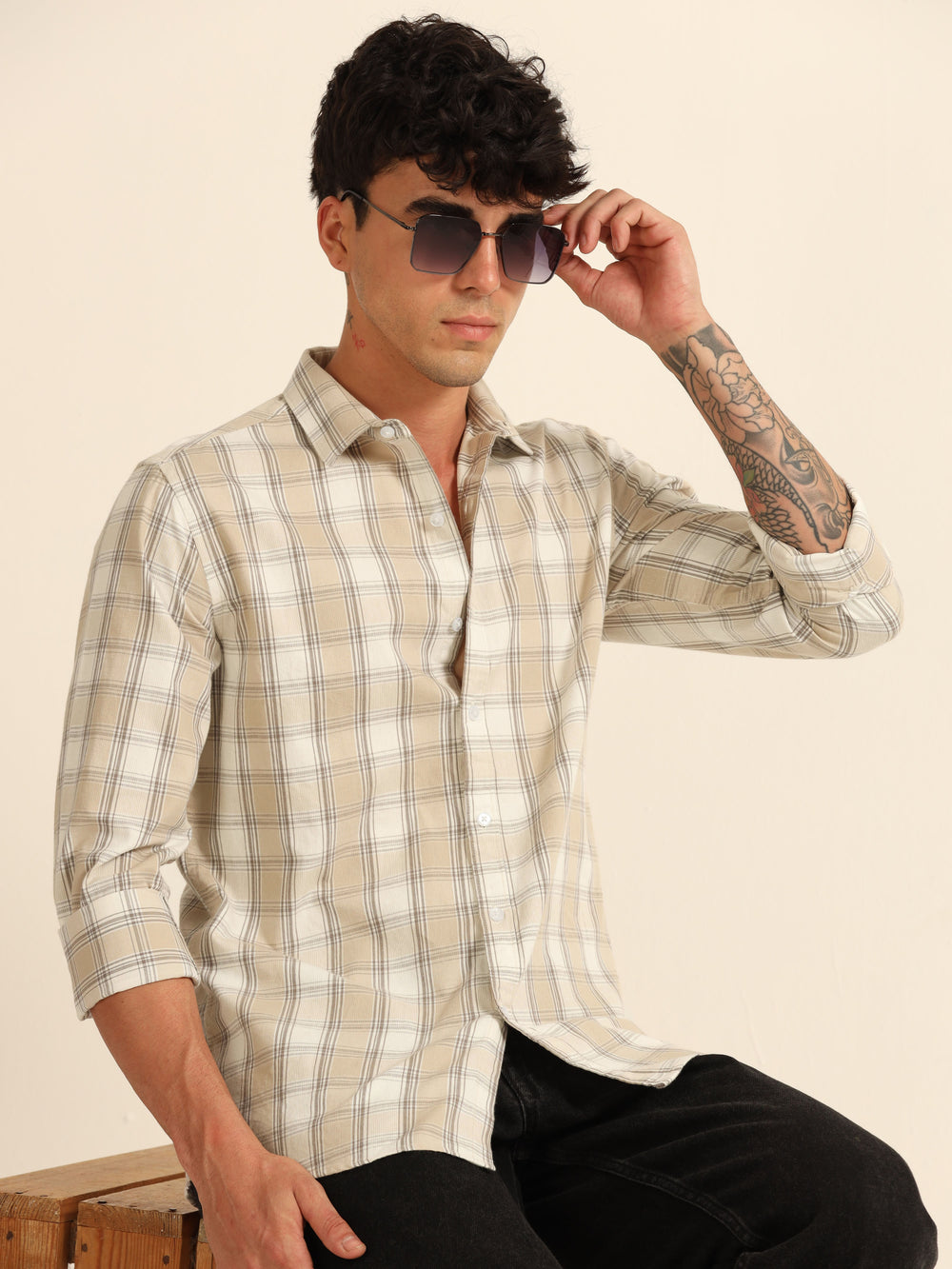 Beige Regular Fit Check Shirt Checks Shirt Bushirt