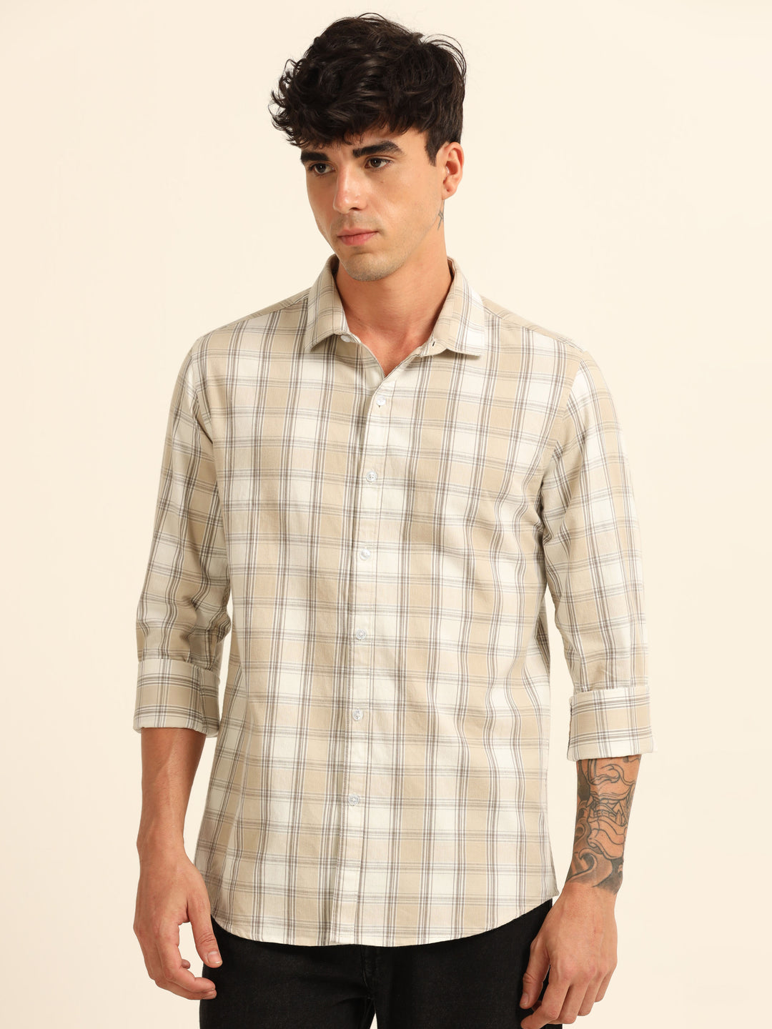 Beige Regular Fit Check Shirt Checks Shirt Bushirt