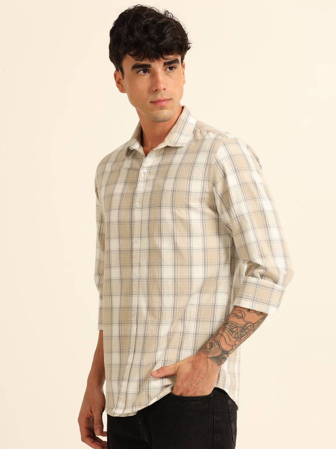Beige Regular Fit Check Shirt Checks Shirt Bushirt