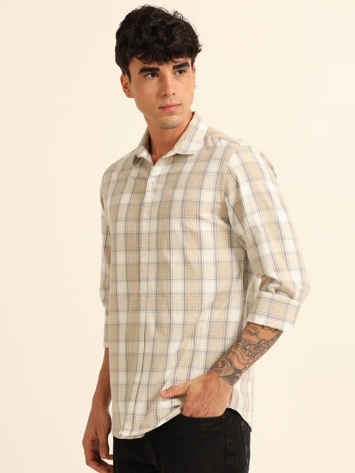Beige Regular Fit Check Shirt Checks Shirt Bushirt